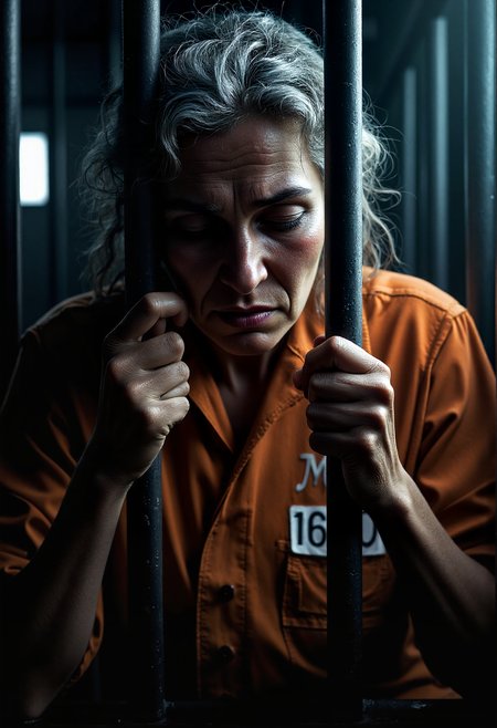 A very dark frontal close-up of a devastated 60-year-old woman, with her head down, her eyes completely closed and her face marked by sadness and anger, on the verge of crying. He leans forward, trying to push his face between two thick, cold tubular iron bars, gripping them with his hands in silent desperation. The frontal angle emphasizes the tension and vulnerability of her dynamic posture. A faint and narrow ray of light coming from a small window from one side and facing the woman laterally, filtering and highlighting her anguished expression in a dramatic chiaroscuro that highlights her silhouette, where it seems to illuminate only one of the sides of her face, while the dense shadows around him deepen the feeling of confinement and despair.
The scene takes place inside an extremely dark and humid cell, with thick vertical tubular bars running from side to side. The woman wears tattered orange prison clothing with a large number on her chest. The woman's gray hair is dirty and messy and covers much of her face. Chiaroscuro lighting style covered in shadows
