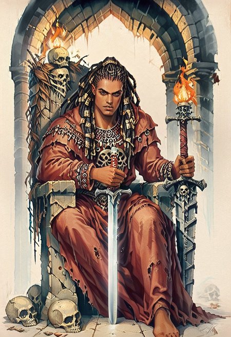 score_9, score_8_up, score_7_up, oblivionarts, solo, 1boy, warrior, ((african male)), brown eyes, muscular, long dread locks, loose dread locks, barbarian garb, sitting on throne of skulls, Skulls for the Skull Throne, piles of skulls, bored expression, holding sword point down, planted sword, large sword, plain broadsword, dark room, torch lit, abandoned temple, traditional art, medieval, <lora:Oblivion:.6>