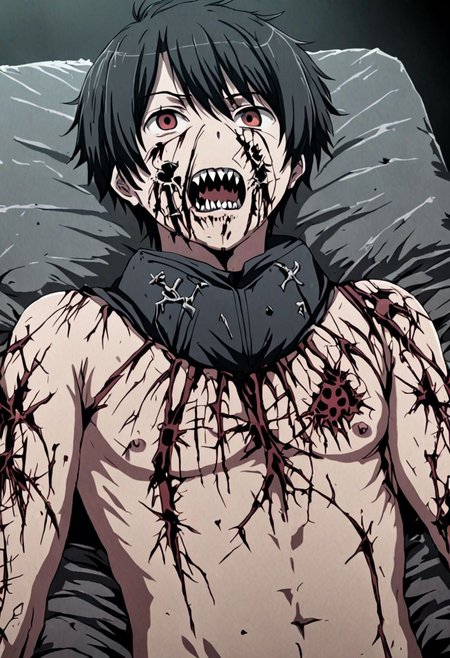 high resolution, solo, best quality, 1Boy, Inaho Kaizuka, Black Hair, horrorcore, OverallDetail