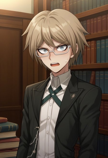 score_9, score_8_up, score_7_up, source_anime, highly detailed, 
togami, 1boy, male focus, solo, shirt, short hair, glasses, jacket, open mouth, bangs, sweat, upper body, collared shirt, white shirt, looking at viewer, black jacket, open jacket, teeth, long sleeves, open clothes,
brown hair, semi-rimless eyewear grey eyes, upper teeth only, chain, turning pale, shocked,
indoor, books, bookshelf,