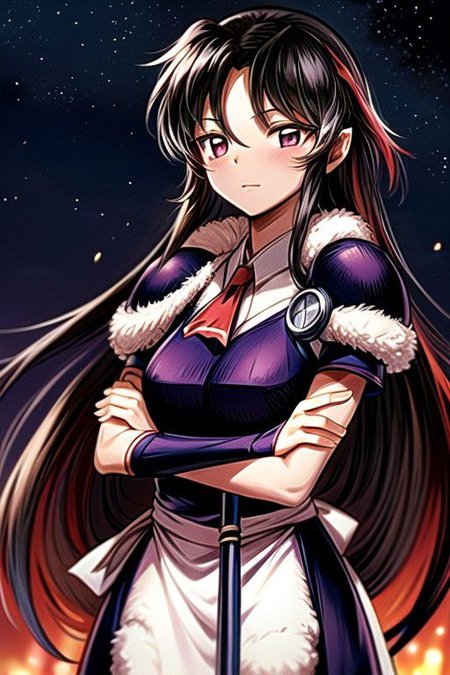 best quality 1girl Setsun4 solo long hair,  (night time) forest background black hair very long hair purple eyes multicolored hair armor, small, (fur trim) (medium body),<lora:EMS-179-EMS:0.800000>,<lora:EMS-293862-EMS:0.800000> bow, hair_bow, hair_tubes, red_bow, brown_hair, long_hair, bangs, ascot, frilled_bow, yellow_ascot, blush, smile, hair_between_eyes, athletic, armor, miko, strengthmda, crossed arms,