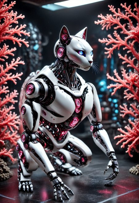 masterpiece, one-person solo, Dark-Fantasy-page Jed-rbt robotlora, robot cat robot-cat made-out-of-coral, (dark:1.1) indoors bar (shadows) (dark-atmosphere) ominous eerie
