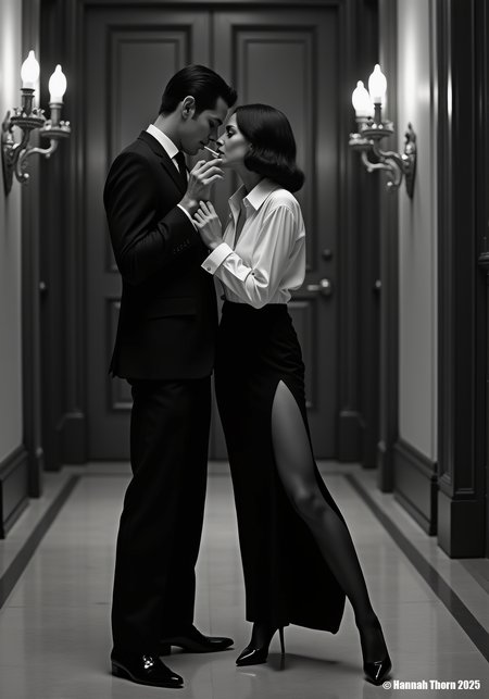 A stark black and white photograph in the style of Helmut Newton, capturing a stylish couple in a grand hallway. The man, impeccably dressed in a suit, leans in towards the woman, clad in a open white blouse, black slit skirt, which offers a view on their stylish black stockings, as they share a cigarette, their gazes locked in an intimate moment. The hallway is lined with imposing doors and ornate wall sconces, casting dramatic shadows and highlighting the architectural lines.  The image is rendered in a hyperrealistic style, pushing the boundaries of photographic realism, with extreme detail and fine textures, evoking a cool, elegant atmosphere, emphasizing the sophisticated yet slightly aloof nature of the scene.     <lora:_Flux\_Photographer\Hemut_Newton_V2.safetensors:1.0000000000000002:1.0000000000000002>