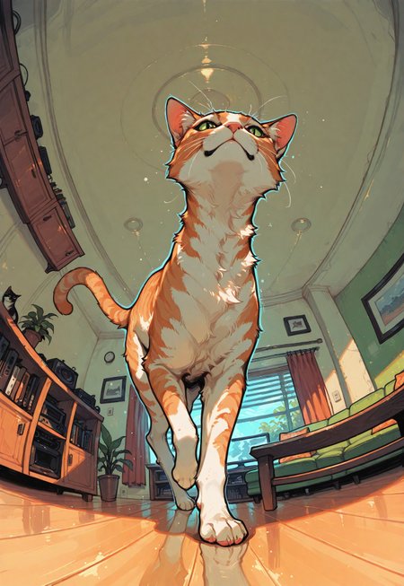 score_9, score_8_up, score_7_up, masterpiece, best quality, very aesthetic, detailed face, (dynamic:1.1), incoth, (incase:0.6), thick lines, outline, illustration, 1girl, (dancing:1.1) dancing cat, cat standing, dynamic pose, close up, angle, clean,  fisheye-lense, perspective, living room, effects