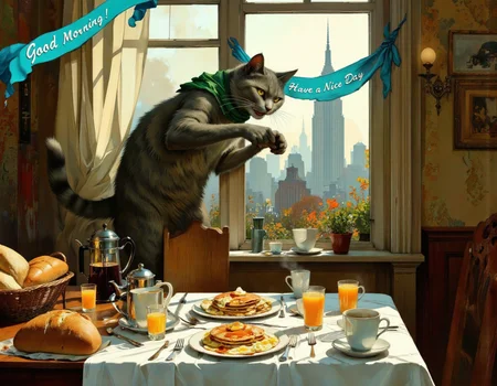 <lora:bear:1>, This image is a digital painting depicting a whimsical, surreal breakfast scene. The central figure is a large, anthropomorphic gray cat with a playful, mischievous expression, standing menacingly on the windowsill. The cat has a green scarf around its neck and is holding a coffee mug in its left paw. Its right paw is extended towards the table, as if reaching for something., 
The table, positioned in front of the window, is cluttered with breakfast items. On the left side, there are two loaves of bread, a coffee pot, and a teapot. In the middle, a stack of pancakes with syrup and a plate of scrambled eggs are arranged neatly. On the right side, there are two orange juices, one in a glass and the other in a mug. A white cloth is draped over the table, and a blue banner with the text "Good Morning, Have a Nice Day" hangs above the window., 
The background reveals a foggy, misty morning scene with a city skyline visible through the window. The colors are warm and inviting, with a mix of browns, greens, and oranges dominating the scene. The style of the painting is vibrant and expressive, with a touch of fantasy and whimsy.