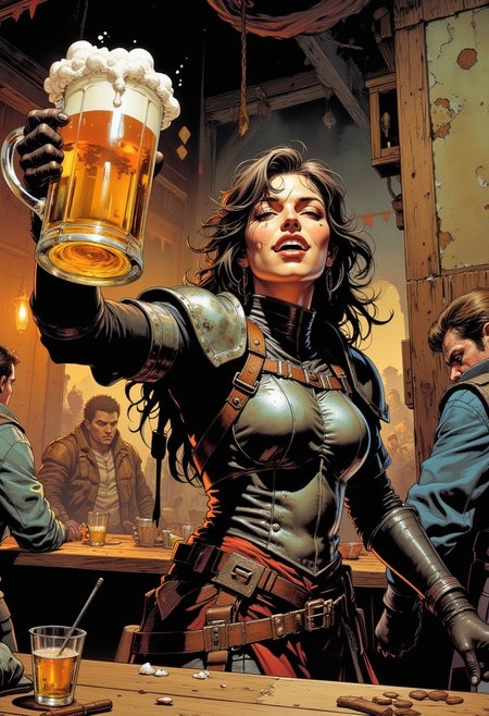 Comic book style image of a young female adventurer holding up a large tankard of beer, she is in a rowdy medieval high fantasy tavern, she looks very happy and having fun laughing, wearing fantasy RPG leather armor