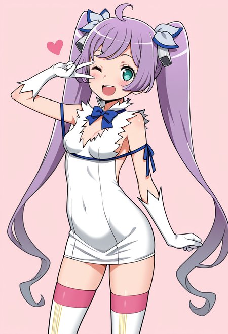 best quality, masterpiece, absurdres, manaka laala, hestia \(danmachi\), kashikoma!,  one eye closed,  v,  dress,  thighhighs, heart, far view <lora:manaka_laala:1> <lora:hestia_danmachi_r1:0.8>