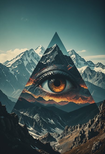 mountain, surreal,  double exposure, dark and moody ,colored all seeing eye,film grain,high quality,  dramatic ,poster  <lora:add-detail-xl:1> <lora:xl_more_art-full_v1:0.3>