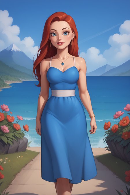 score_9, score_8_up, score_7_up, masterpiece, high quality, BREAK
 <lora:Mary BethPonyLoRA:1>mrybth, long hair, summer dress, flowers, walking on a path along a coast with a steep cliff, sea, mountains