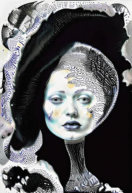 raw sketch of interwoven concrete cement pebbles cob cobblestone shell fishscales snakeskin, by Hans Bellmer, by Malevitch, by Kandinsky, Surreal psychedelic bizarre, psychedelic hallucination, pop surrealism, rough crosshatch drawing pop art Lunatic_Portrait of a young woman in latex Avant-garde Fashion page, slick back, low bun, black makeup, sinister expression, intense glare, (melting flesh covered in moss, rot, mold, bubbles, droplets:1.5), avant-garde, abstract, weird, geometric, constructivism, suprematism, rayonism, verticism, lineism, tj