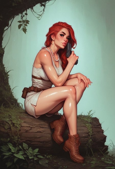 score_9, score_8_up, score_7_up, (score_9:1.1), (score_8:1.1), score_7, 1girl, highly detailed, fl1nts, from side,
red hair, 25yo, sexy, fair skin, shiny skin, short white dress, pearl necklace, sitting on a log, crossed legs, (smirk:0.4),
dark jungle, spooky, dinosaur,
swirling fog, outdoors,
<lora:fl1ntsXLP:0.5>
((full-clothed)), ((long big pistol in hands, handgun in hands))
BREAK 
strange world background score_9, score_8_up, score_7_up, score_6_up, source_cartoon, rating_explicit, Expressiveh, (((((full body))))), dynamic pose