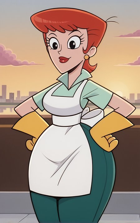 score_9, score_8_up, score_7_up, BREAK
MainOutfit_DextersMom_ownwaifu, 
1girl, aqua shirt, breasts, collared shirt, earrings, eyelashes, green leggings, narrow waist, oven mitts, red hair, red lips, short hair, thick thighs, white apron, wide hips, yellow gloves, jewelry, lipstick, makeup, apron, black eyes, short sleeves,
(contrapposto, hand on hip), sunset, sidelighting, cityscape, vanishing point, outdoors, <lora:PONYXL_MOM_DextersMom_ownwaifu:1> , depth of field, solo,
