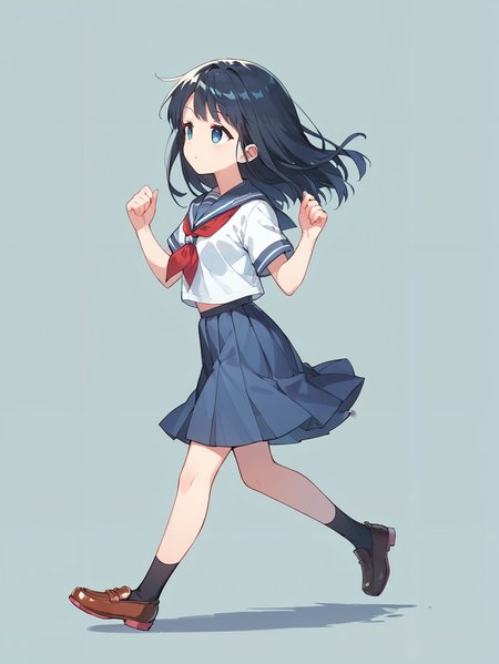 score_9, score_8_up, score_7_up,source_anime, high res image,masterpiece,best quality,(girl:1),cute face,clear skin,shiny hair,ultra detailed eyes,simple background   <lora:girl run_pony_V1.0:0.6> girl run, running, hands up,school uniform, shirt, skirt,shoes,from side