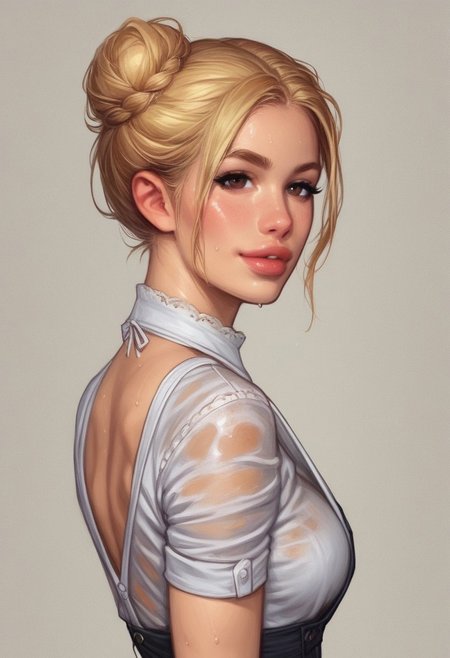 from front, (((front view))), 1girl, illustration, comic style, looking at viewer, highly detailed, source_comic_illustration, from front, 1girl, illustration, comic style, looking at viewer, highly detailed, source_comic_illustrationskinny, looking at viewer, 1girl, masterpiece, best quality, cowboy shot, girl, realistic drawing, anime, by Sam Yang, sharp highly detailed 2d illustration, comic art, (hyperrealism, soft light, sharp), (anime:0.5), BREAK
from side, looking back, (((standing in front of an old pickup truck))), long legs, perfect ass,
shiny skin, artistic, 
BREAK
parted lips, seductive smile, lustful, excited, short white sundress, transparent, sweat, dirty, BREAK
gorgeous 24 yo woman, dark brown eyes, proportional eyes, slim, teasing, gorgeous, BREAK
honey blonde hair, hair bun, messy hair, BREAK
working on a farm, fields, workhorses, light particles,
(8k), (movie lighting), (dramatic lighting), (sharp focus),
<lora:fl1ntsXLP:0.5>
((full-clothed)), 
BREAK 
strange world background score_9, score_8_up, score_7_up, score_6_up, source_cartoon, rating_explicit, Expressiveh, ((((upper body, portrait))))), dynamic pose, dynamic pose