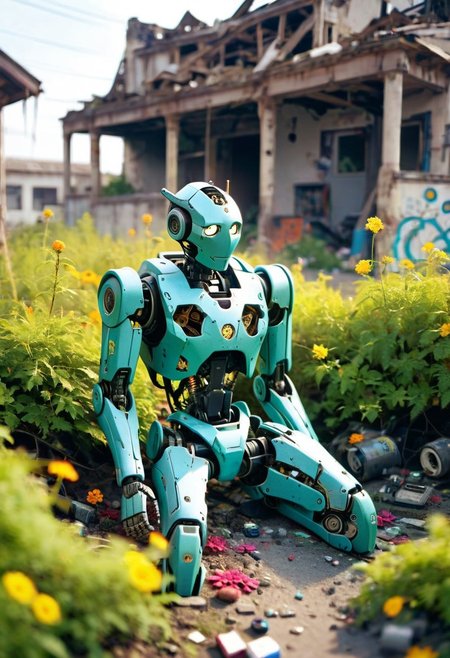 In the foreground: A broken humanoid robot sits hunched over on the ground, the paint on its body has faded, and some elements have cracked. A bushes with small green leaves and many small bright flowers grows through the robot. Robot cover green plants.
Focus on the robot in close-up. In the background: the ruins of a small town street, broken asphalt, and things thrown away in a panic. The background is easy blurred. Shining day, warm colors.