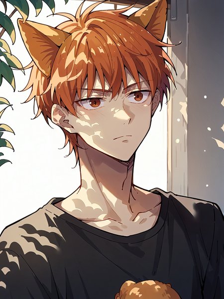score_9, score_8_up, score_7_up, score_6_up, score_5_up,   <lora:dappledlightXLP:1> dappled light, dappled sunlight,    <lora:KyoSohmaXLP:1> kyo sohma, 1boy, solo, orange hair, brown eyes, black shirt, cat ears