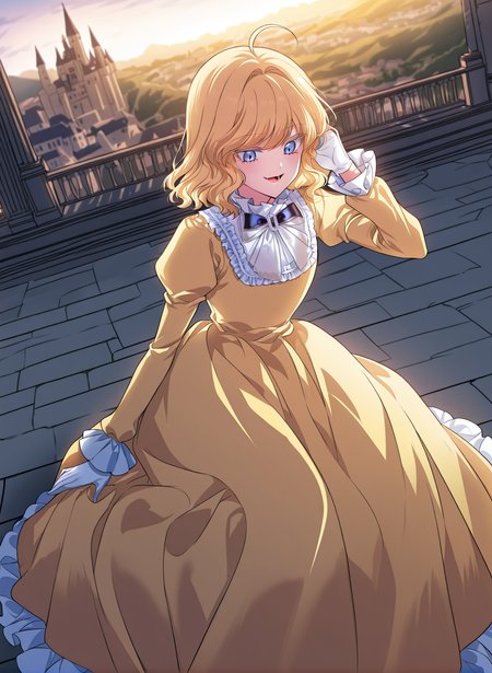 <lora:Heresy_Inquisitor_Female__SSS_Class_Suicide_Hunter__Illustrious:1>
1 girl, solo, blue eyes, short hair, wavy hair, blonde hair, fluffy hair, loose curls, ahoge, parted bangs, soft volume, slightly messy,
elegant yellow dress, long puffed sleeves, white frills, ruffled collar, bow tie, floor-length skirt, formal gown, aristocratic dress, white gloves, 
score_9, score_8_up, score_7_up, very aesthetic, source_anime, detailed, high quality, beautiful, masterpiece, detailed eyes, castle, village, blurry background, cityscape, pose dynamic angle, evil smile, open mouth, hand on hair, sitting