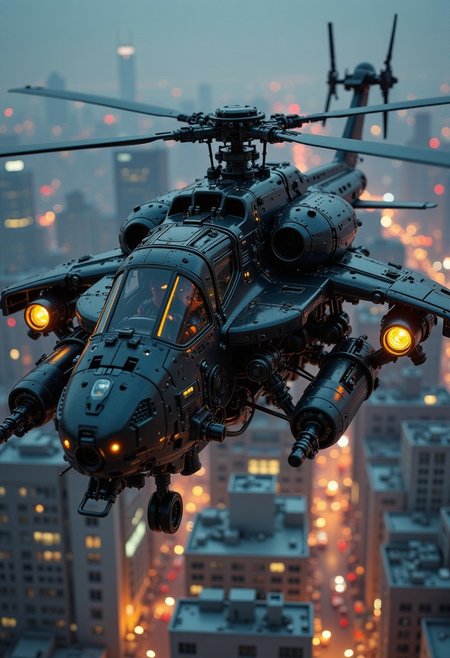 in the style of ck-mgs, A digital artwork in the style of cknc, a_skynet_cyberdyne_craft, the image is featuring a futuristic, highly advanced attack helicopter moving rapidly in the air above a cyberpunk city at night. The hull is made of a dark gunmetal alloy with rivets, bolts, glowing LEDs and diodes, and the helicopter has large guns mounted on the exterior; the cockpit shows glowing led lights, and has a large air intake, motion blur on the propellor blades (black with yellow highlights), two-man crew visible through the cockpit window