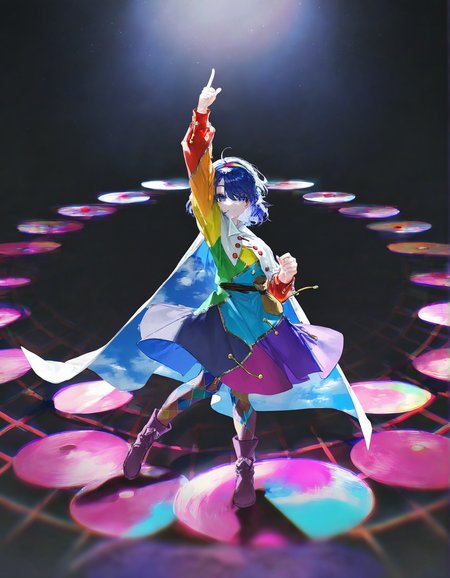 tenkyuu_chimata, 1girl ,rella, quasarcake:0.7, rolua, optical illusion, negative space, saturday_night_fever,blue_hair, breasts, cape, hairband , looking_at_viewer ,multicolored_hairband, pantyhose, purple_eyes ,short_hair ,smile, solo, sweat ,white_cape, disc,  disco,CDs, arm_up , index_finger_raised, outstretched_arm , dance_floor, dancing,wide shot, one hand point to sky one hand point to the ground,
<lora:illustrious_noobai_epsilon_pred_1_best_quality_v1:0.7> ,<lora:illustrious_noobai_epsilon_pred_1_masterpieces_v1:0.7>, <lora:ponyv4_noob1_2_adamW:0.5>, <lora:add_details_xl:0.7>, <lora:CDs_SDXL:1>,
masterpiece, best quality, amazing quality, very aesthetic, absurdres, newest,