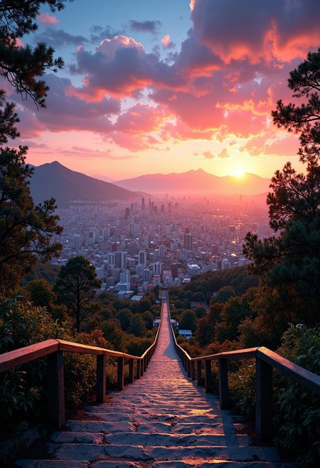 Surrounded by dusk, cityscape, and mountains that can be seen from the top of the long stairs, it makes you feel nature.