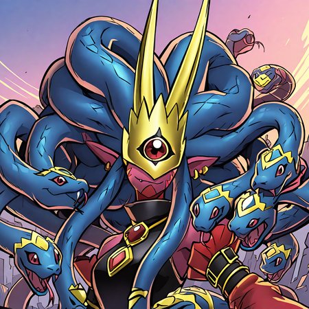 digimon adventure,1girl,solo,medusamon,upper body,outdoors,smile,looking at viewer,golden horned mask,snake hair