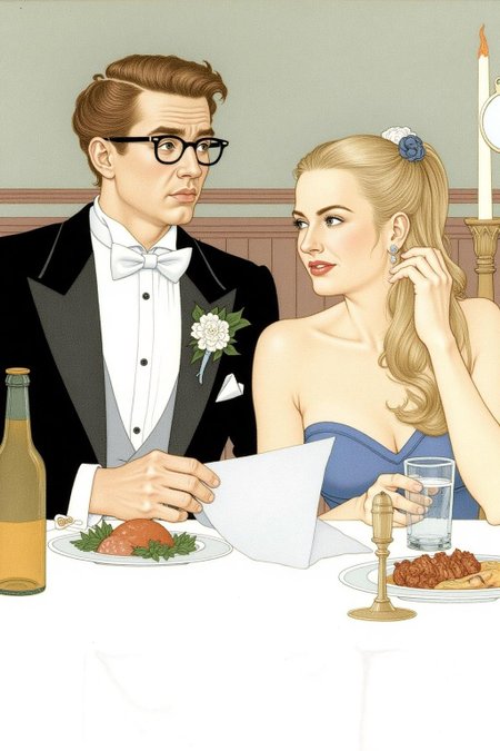olgadugina1 illustration. 
kard1. A man and a woman seated at a table covered with a white tablecloth. kard1 illustration, close up portrait of a couple at a restaurant. The man, on the left, is dressed in a classic black tuxedo with a white bow tie and a white boutonniere on his lapel. He is wearing glasses and holding a piece of paper, looking surprised or confused. His hair is neatly styled. In front of him, there are various items on the table, including a bottle of beer, a plate with food, a glass, and a candle. The blond woman is touching her hair with one hand while holding a handheld mirror.   <lora:olgadugina2_cap_d6a3e9:1.0><lora:858119944724869604:0>