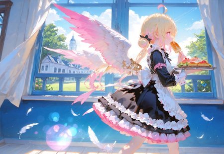 ((walking,side view,holding tray of food,elegant:1.5))

1 girl, short and petite,,(blonde hair:1.3), (vibrant pink accents hair:1.1),fair skin,pink eyes, (sparkling eyes:1.1),ahoge,small wings ,floating feathers,(low twintails:1.3)

(Shoulderless sleeve,Black Victorian Maid outfit,hair bun:1.3),(bright victorian windows,light from windows:1.5),(day:1.5),

(Bokeh around character:1.3),(character focus:1.2),((dynamic pose:1.1)),((foreshortening:1.1)),((extreme perspective:1.1)),((negative space:1.5))

748cmstyle,Cunnystyle,Smooth_Quality,amazing quality, ((aesthetic:1.3)),(bold lines:1.3),((4k,8k,Ultra HD)),((Masterpiece :1.2)),((Best quality :1.2)),((Detailed :1.5)),((Detailed background :1.5)),