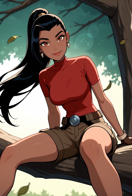 <lora:ovkai-10:1> ovkai, 1girl, long hair, black hair, dark skin, ponytail, earrings, lips, red shirt, short sleeves, turtleneck, brown cargo shorts, fingerless gloves, looking at viewer, cartoon, screencap, dynamic pose, from the bottom, sitting on tree branch, foreground blur, falling leaves, lens flare,  sitting  in tree, smile,, masterpiece, best quality, amazing quality, very aesthetic, absurdres, newest,