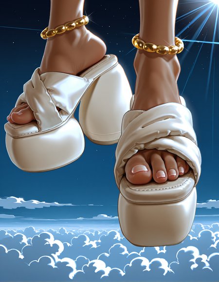 masterpiece, best quality, amazing quality, very aesthetic, high resolution, ultra-detailed, absurdres, 
by sakazaki freddy, andava, my nameisyoon,
1girl, 
gold anklets, fine detail, very dark skin, 
clouds, sky, walking on clouds, scenery,
god rays, daytime galaxy sky,
(cl0ud sandals), (platform footwear:1.2),
foot focus, close-up of feet, perfect feet, detailed feet, white toenail polish,