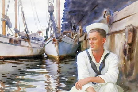 johnsingersargent3 painting
Sailboats docked at a harbor. The boats are blue and white with visible masts and rigging. On the bottom right corner is a man in a white sailor's uniform sitting on the edge of the wooden dock with arms crossed. Ropes and nautical equipment are nearby. More boats and a dock structure are in the background. <lora:johnsingersargent3_cap_d8a4e12:1.0><lora:859958150999082799:0>