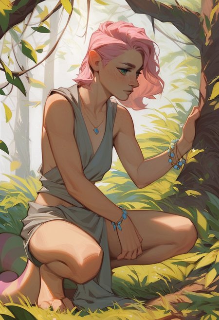 score_9, score_8_up, score_7_up, score_6_up, 
1girl, solo, chameleon hybrid, green eyes with subtle shimmer, lean body type, small breasts, iridescent scales shifting in color, dreamy expression, medium hair, asymmetrical bob, light pink hair with colored tips, loose tunic and cloth wraps, intricate carved bracelets, crouching with hands on tree bark, dense rainforest, holding a sketchbook, golden light reflecting off leaves, faintly glowing aura.