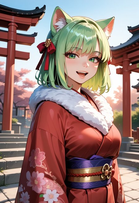 score_9, score_8_up, score_7_up,detailed background, dynamic angle, volumetric lighting, godrays,detailed eyes, expressive eyes, highres, perfection, perfect,<lora:CMN(Pony)0.1v:1>,1 cat girl, emerald green eyes, cat tail, cat ears, light green hair, medium hair, smile, (:3:0.9), (open mouth:0.9), cute, kimono, hair ribbon, fur scarf, pose, torii, stone stairs, morning pink fog, sunrise, sharp focus, looking at viewer, depth of field, cowboy shot, (intricate:1.2), (pale red tone:1.1), (pink tone:0.9), (pale red atmosphere:1.1), illustration, (anime coloring:1.1), high contrast, (masterpiece:1.2), (best quality:1.2), (very aesthetic:1.2), (absurdres:1.2), (detailed background), newest, ai-generated, (intricate details:1.2), source_anime, rating_questionable,depth of field, cinematic lighting, detailed clothes,(vivid colors:1.3),(fine texture:1.2),<lora:add-detail-xl:2>,<lora:detailed_notrigger:1>,<lora:SimplePositive_XL_v1_test_AutoRunMech:2>