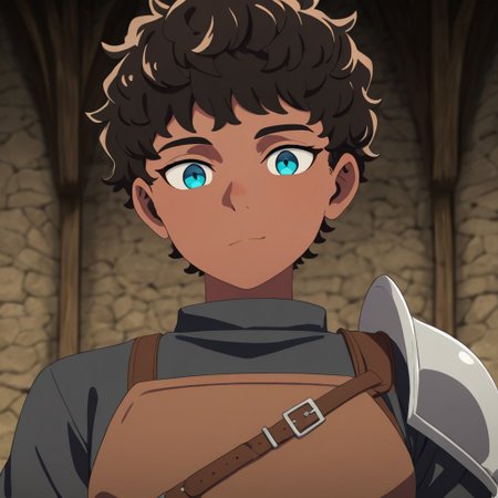 masterpiece, best quality, newest, absurdres, highres, 
DMStyle-DmpackV1.0, official style,
DMPACK-1-Kabru, dark skin, dark-skinned male, brown hair, curly hair, armor, blue eyes,