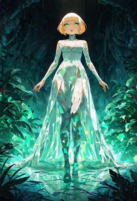 masterpiece, best quality, amazing quality, very aesthetic, absurdres, newest, 1girl,princess zelda, blunt bangs, blonde hair, bob cut, pointy ears, in the depths of a bioluminescent alien jungle, perfect eyes, [evangelion:cyberpunk edgerunners:0.5], reflective transparent emerald iridescent opaque clothing, long sleeves, flowing dress, long skirt, very aesthetic, highres, 4k, 8k, intricate detail, cinematic lighting, amazing quality, amazing shading, detailed Illustration, official artwork, wallpaper, official art, extremely detailed eyes and face, beautiful detailed eyes, from below, full body, thigh gap, BREAK <lora:ponyv4_noob1_2_adamW-000017:0.7000000000000001> <lora:USNR_STYLE_XL_lokr:0.45>
