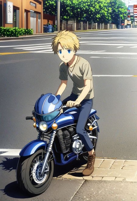 high resolution, solo, best quality, 1Boy, Yamato Ishida, Blond Hair, Blue Eyes, Necklace, street fotography, open helmet, motorcycle, sidewalk, OverallDetail