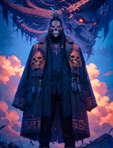 score_9, score_8_up, score_7_up, 1boy, black clothing, mature male, manly, villain, black hair, sugar skull, skull mask, mouth mask, skull paint, black gloves, mariachi, black coat, poncho, jewelry, beads, feathered headdress, feathers, tribal patterns, dragon, scales, chaotic, fang, braided hair, glowing, long coat, intricate patterns
dark, blurry background, dark lighting, dark background, dof, depth of field, detailed line work, low key, dramatic lighting, dark theme, neon colors, purple theme, Aztec
<lora:Art_Adams_Style_Pony_XL:0.4>  <lora:Dark_Anime:0.2>  <lora:warcore-000011:0.3>  <lora:sdxl_lightning_8step_lora:1>  <lora:masky-000009:0.2><lora:glowneon_xl_v1:0.5><lora:CulturePunkAI_1:0.5>