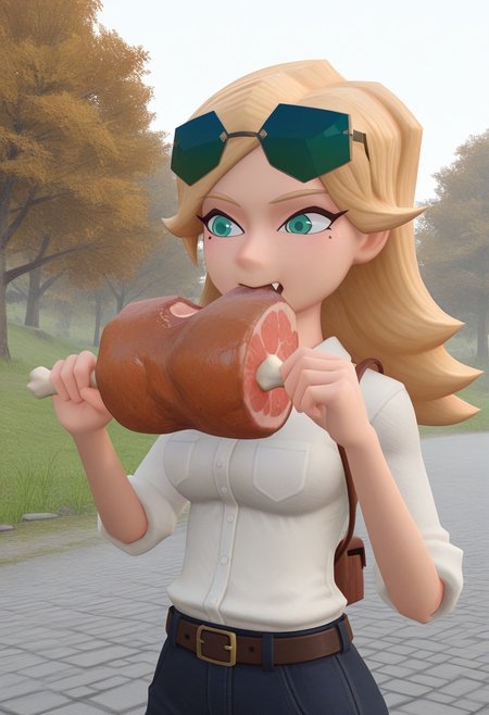 (1girl, solo), masterpiece, best quality, absurdres, newest, 3d, low poly, painterly,
blonde hair, long hair, eyewear on head, green eyes, bag, white shirt, belt, pants,
outdoors, upper body shot, boned meat, eating, fang