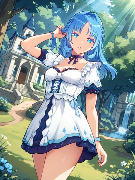 score_9, score_8_up, score_7_up, source_anime, BREAK
(detailed face, detailed eyes, cowboy shot:1.5), (beautiful forest garden, grass, dirt path, european architecture, mansion, perfect lighting, god rays, bloom:1.5),  outdoors, daytime, (head tilt:1.5), (looking at viewer:1), from side, waterfall, river,  teeth, pov, parted lips, (adjusting hair:1.5), (perspective, dutch angle:1.3), BREAK
<lora:Genshin_NPC_MaryAnn_Pony_v1:0.8>, (long eyelashes, thick eyelashes:1.5), 1girl, solo, shiny hair, blue hair, parted bangs, shiny blue eyes, blue nails, nail polish, toenail polish, bow, ribbon, jewelry, collarbone, cleavage, choker, medium hair, puffy white sleeves, short sleeves, white dress, (frills, lace:1.5), french braid, (bracelets:1.3), hair intakes, medium breasts, lips, (thighs, bare legs:1.3), (dark blue skirt:1),