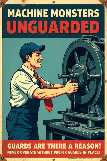 "Vintage safety sign illustration of a worker operating a large, dangerous-looking machine with all the machine guards completely removed or bypassed.  He is happily feeding his tie into moving gears and ignoring exposed blades and belts spinning dangerously close to his hands.  He has a blissful, carefree expression, completely unaware of the imminent danger of entanglement.  The sign text in bold, vintage lettering cries out: 'MACHINE MONSTERS UNGUARDED!  GUARDS ARE THERE FOR A REASON!  NEVER OPERATE WITHOUT PROPER GUARDS IN PLACE!' Render in a stark, slightly unsettling vintage cartoon style, contrasting the worker's oblivious happiness with the clearly dangerous unguarded machinery. Use a color palette that emphasizes the cold, metallic nature of the machinery (greys, blues) and warning reds for danger zones around the unguarded moving parts. Visually stunning vintage cartoon, direct machine guarding safety message, high detail in machine components and the worker's dangerous disregard for safety." <lora:REMEs_War_Poster_Style:0.9> In REME's War Poster Style,âââ