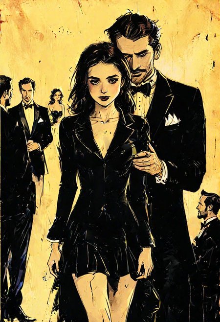 big men in tuxedo fondling a small woman in a cocktail dress with, flirting, crowd, the woman is the center of attention for a group of men men,  cocktail party,  rose