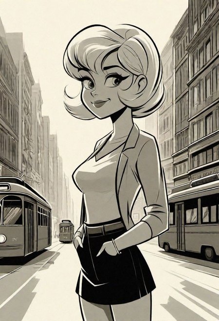 a woman, blonde short hair, bangs haircut framing her face, smiling,
((Wide shot,low perspective, full body shot)), in a the middle of the street, sexy pose, tram in the background,
<lora:BW_Vintage_Cartoon:1.0>
