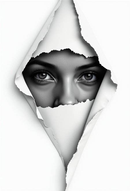 A hyperrealistic oil painting, white background of an eye peeking through ripped paper with the shape of one human's face in black ink , capturing intricate details and textures on a clean white canvas, monochrome colors of grey and stark contrast to highlight the subject against a simple yet striking backdrop, emotion through expressive facial features and depth of field that adds character.
