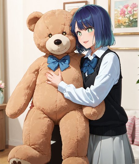score_9,score_8_up,score_7_up,masterpiece, best quality, <lora:WHM 0.2v:0.5>, WHM, 2D,anime,  
1woman,  cuddling, happy,  <lora:Pony_Teddy_Bear:0.8> Teddy bear, 
BREAK
1girl,,kurokawaakane, white shirt, , blue bowtie, long sleeves, blue hair, miniskirt,  collared shirt, standing, grey skirt, aqua eyes, short hair, black vest, <lora:kurokawaakane_pony2:0.9> gradient hair, star-shaped pupils,