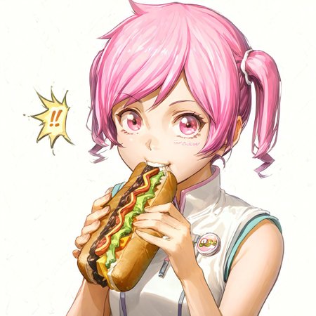 solo, 1girl, akiho_rindou, pink hair, twintails, pink eyes, deli,  holding, sandwich, biting , looking at viewer, surprised, absurdres, 4kres, source_anime, score_7_or_higher, csr style, mammoth_metal_style
