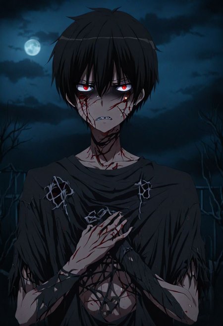 high resolution, solo, best quality, 1Boy, Kanie Seiya, Black Hair, night, gloomy eyes, horrorcore, OverallDetail