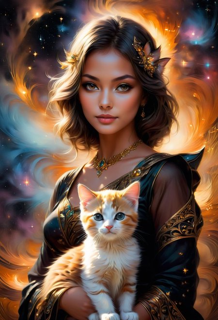 art, flowery kitten on shoulder of a girl, looking somewhere, auric atmosphere, high details, (brown and black diarylide:0.1), (center composition:0.1) <lora:add-detail-xl:1>
