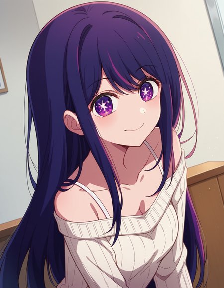 score_9, score_8_up, score_7_up, source_anime,
aihoshino, <lora:ai-hoshino-s1-ponyxl-lora-nochekaiser:1>,
ai hoshino, long hair, bangs, purple eyes, purple hair, symbol-shaped pupils,
long sleeves, sweater, ribbed sweater, camisole, white camisole,
indoors, smile, bent over,
looking at viewer, cowboy shot, dutch angle, solo,