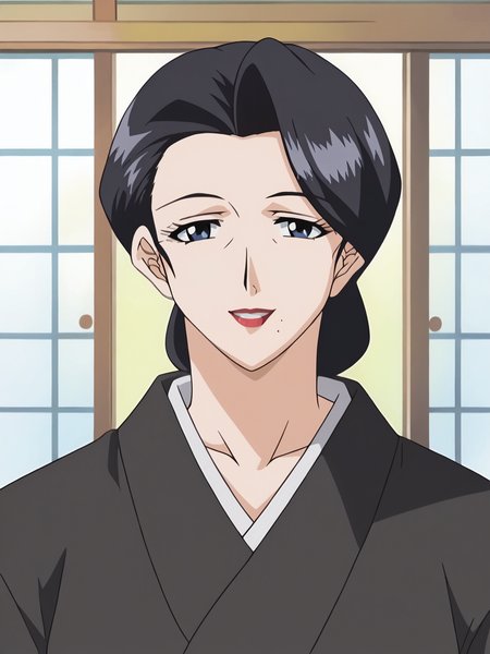<lora:Sumie-Nikuyome:1>,sumie,1girl,solo,black hair,mole under mouth,lipstick,mature female,blue eyes,breasts,kimono,upper body,looking at viewer,smile,indoors