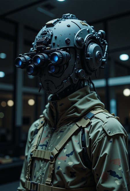 in the style of ck-ncr, a elegant cyborg robot wearing n0ds featuring a protective headpiece Attached to the front of the headpiece is a quad-tube panoramic optical device with four horizontally aligned cylindrical lenses, each glowing faintly blue. Small wires and adjustment knobs are visible along the optical device, contributing to the structured and functional design with integrated hearing protection covering the ears and includes modular mounting points), camouflage pattern skin, Sci-fi movie, background is dark, night vision
(style by George Shaw),shallow depth of field, vignette, (Fujicolor Superia X-TRA 400)
<lora:n0ds:0.9>
<lora:ck-Neurocore-Realistic-Cyborgs:1>
<lora:DarkCore:0.4>