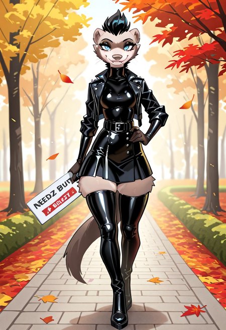 score_9, score_8_up, score_7_up, highres, high quality, perfection, masterpiece,
BREAK 
1girl, (solo: 2.0), girl alone, front towards viewer, full body in view
BREAK 
furry female, ferret girl, anthropomorphic female, (anthro ferret girl: 1.2), beautiful girl, detailed fur, ((short black mohawk)), beautiful face, fangs, eyelashes, sexy pose (blue eyes: 1.2), perfect eyes, detailed eyes, whiskers, small breasts, black eyebrows, black eyeshadow, black lipstick, detailed hands, perfect hands
BREAK
((black latex knee length skirt)), ((black latex shirt)), ((black leather punk jacket)), ((black latex thigh high boots))
BREAK
standing, looking at viewer, ((holding a white sign with black text that says “Need Buzz”)), aidmatextimprover, smug smile,
BREAK
outdoors, day, park, trees, autumn, autumn leaves, falling leaves,